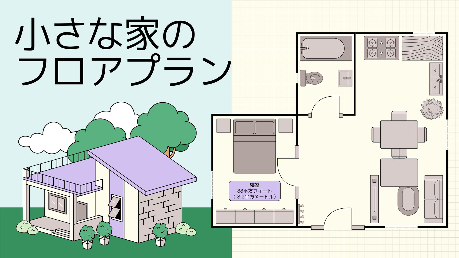 小さな家のフロアプラン ホワイトボード ベージュ スカイブルー ライトブラウン カラーブロックスタイル
