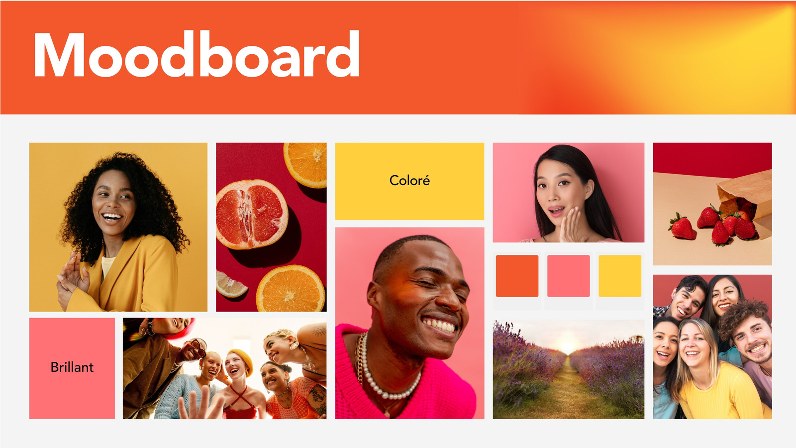 Tableau blanc en ligne de moodboard en style dégradé minimaliste orange, jaune et rouge