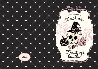 Retro Whimsical Creepy Skull Pumpkin Halloween Folded Card Canva template, black and pink