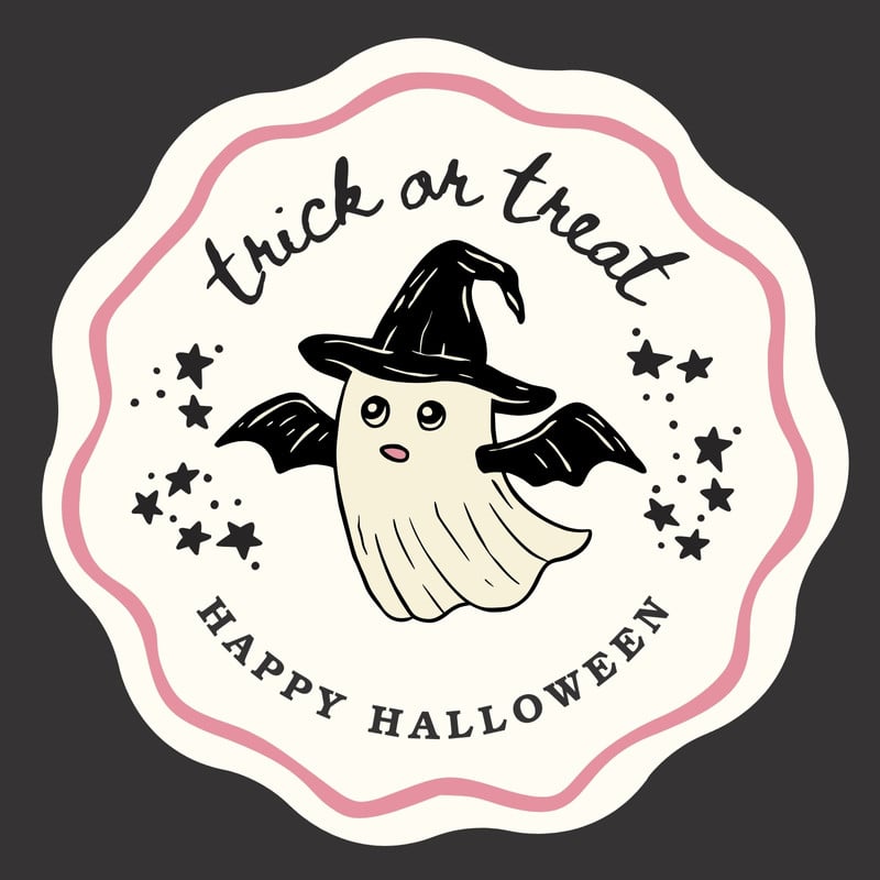 Whimsical Retro Ghost Bat Happy Halloween Circle Sticker Canva template, pink and black