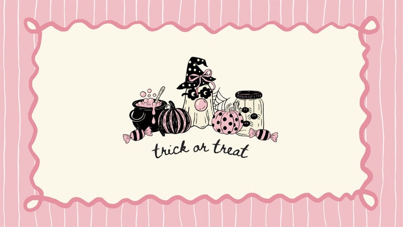 Retro Cute Ghost Halloween Desktop Wallpaper Canva template, pink and black