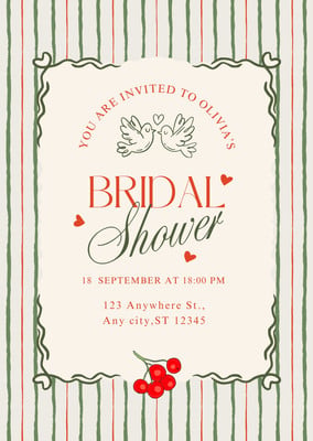 Vintage Retro Traditional Bridal Shower Invitation Canva template, red and green