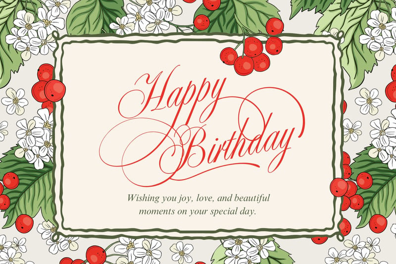 Illustrated Floral Berry Greeting Birthday Card Canva template, red and green