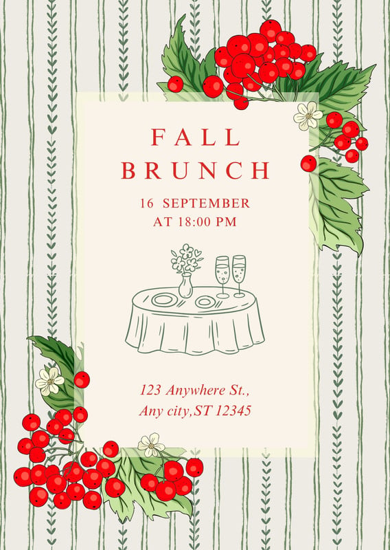 Illustrated Retro Floral Fall Brunch Invitation Canva template, red and green