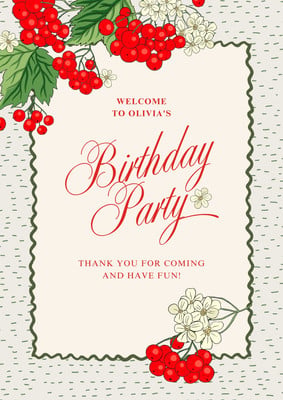 Illustrated Elegant Floral Party Invitation Birthday Flyer Canva template, red and green