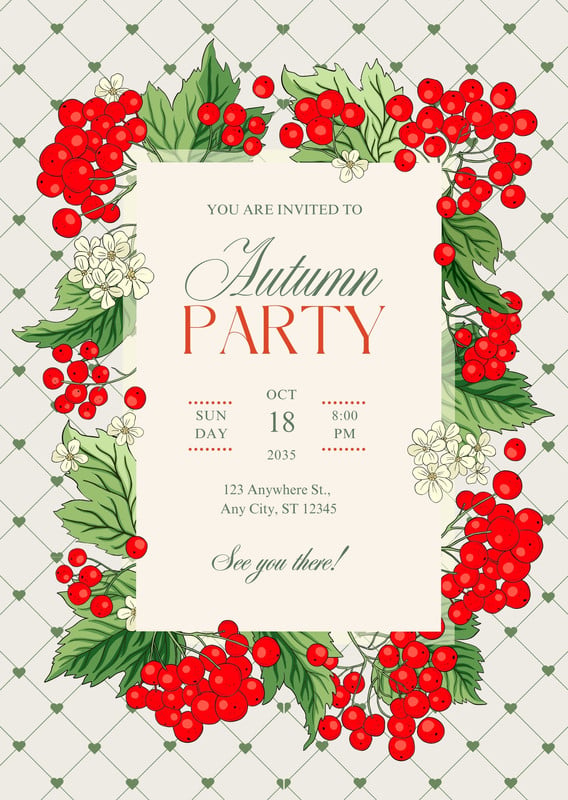 Retro Illustrated Floral Autumn Party Invitation Canva template, red and green