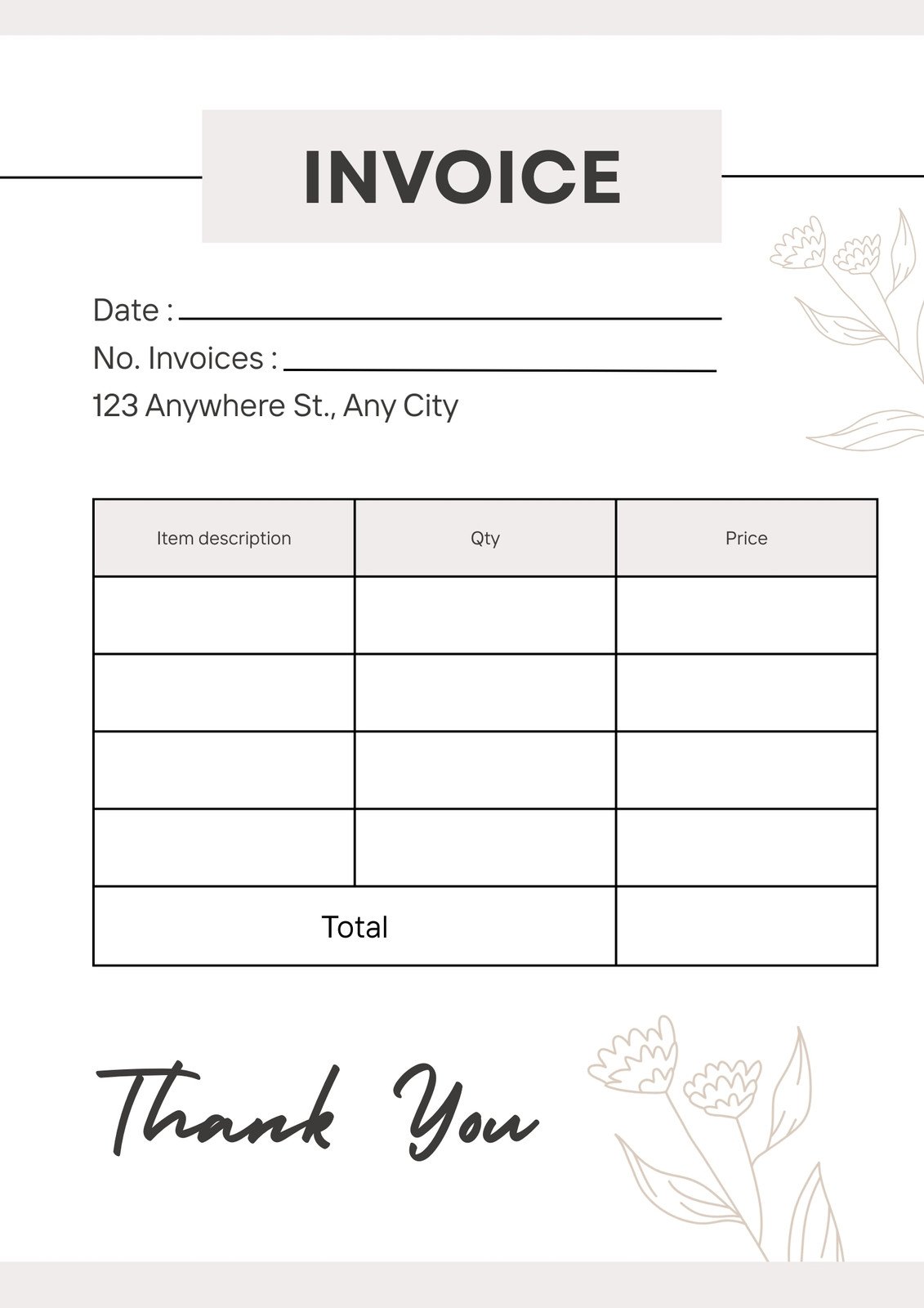 Beige and White Minimalist Floral Invoice