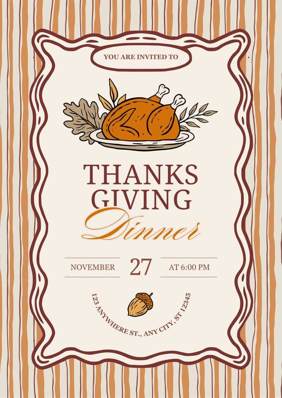 Tan Retro Traditional Illustrated Thanksgiving Dinner Invitation Canva template, brown