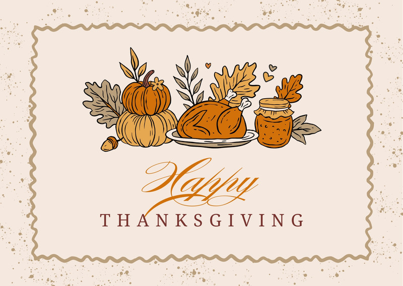 Retro Traditional Illustrated Happy Thanksgiving Card Canva template, orange and beige