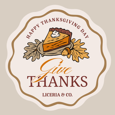 Illustrated Whimsical Traditional Happy Thanksgiving Circle Sticker Canva template, beige and brown