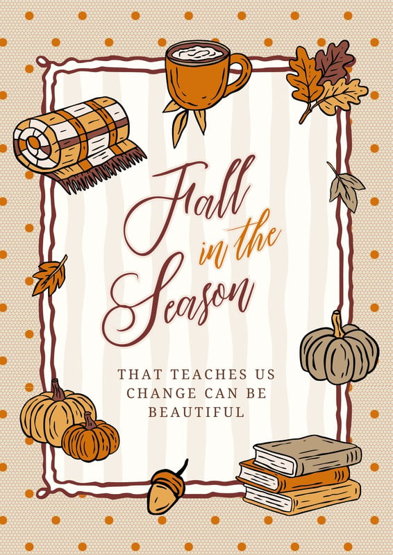 Illustrated Cozy Quote Fall Season Poster Canva template, brown and orange