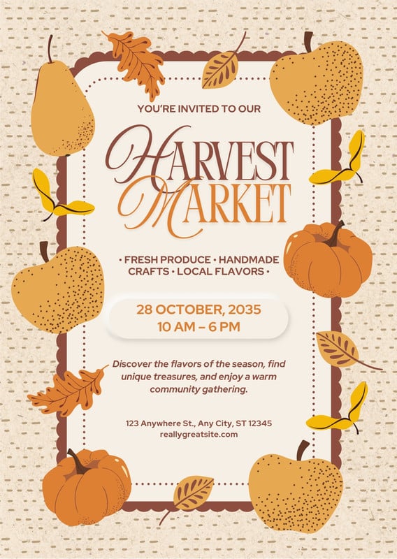 Vintage Rustic Autumn Farmers Harvest Market Invitation Canva template, orange