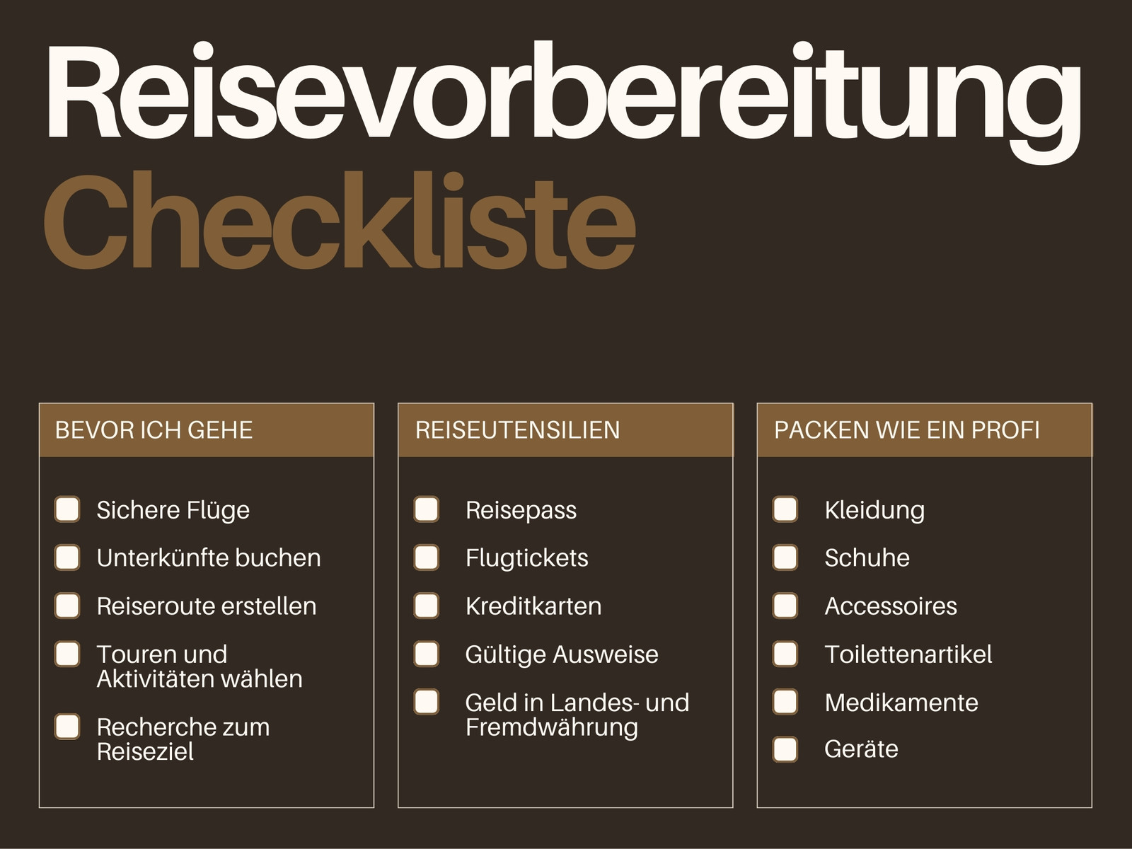 Schwarz Dunkelbraun Minimal Modern Reise-Checkliste Packliste Urlaub
