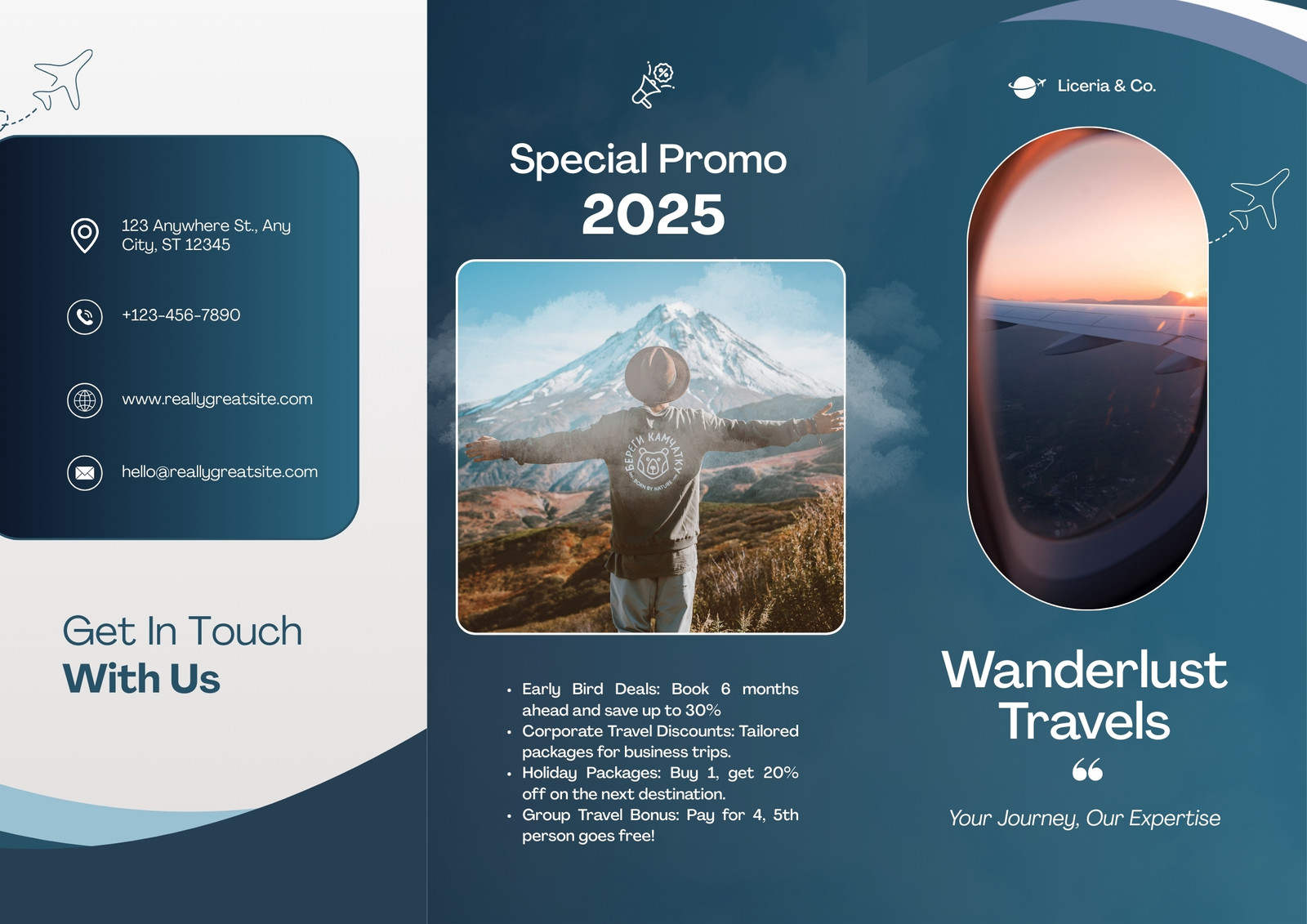 Blue and White Professional Travel Agency Trifold Brochure