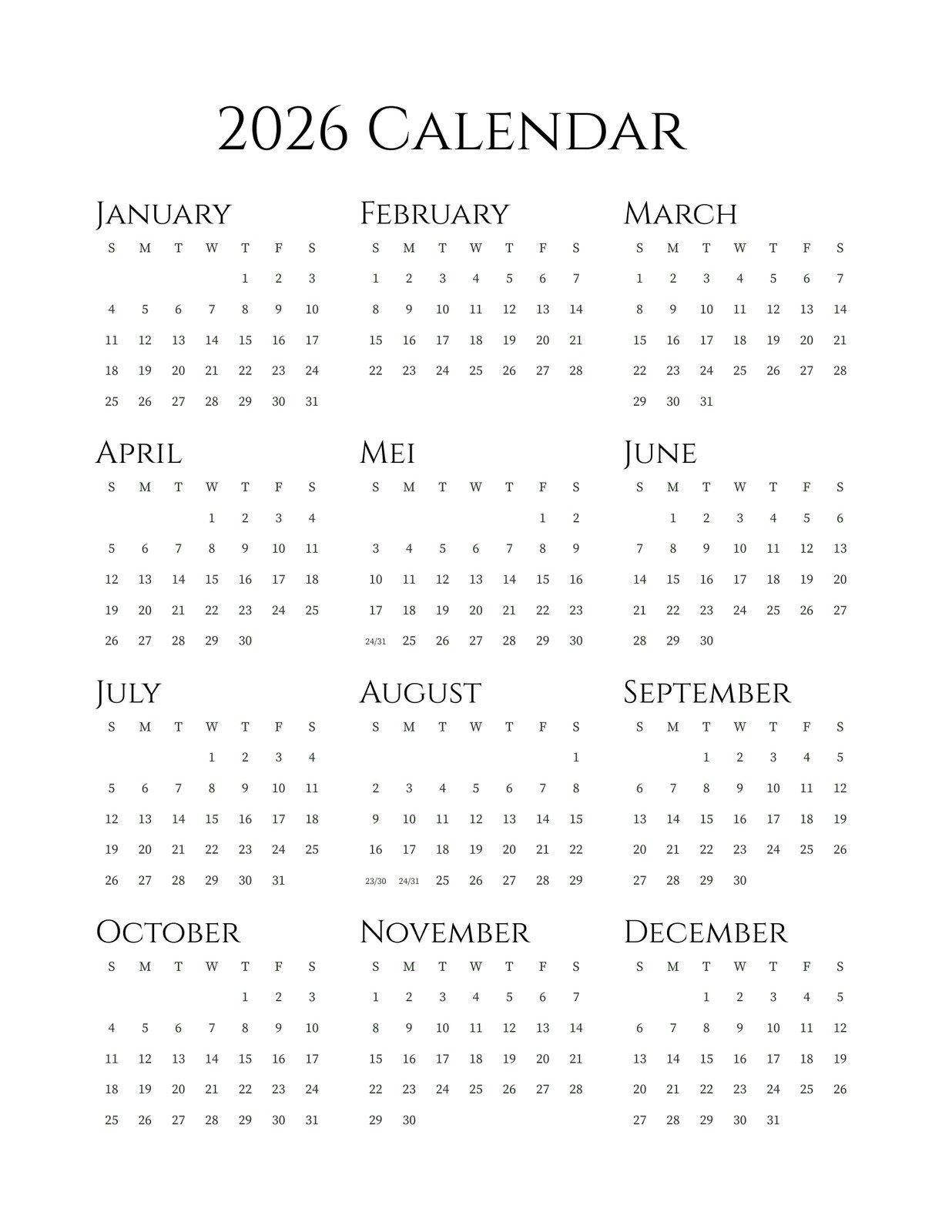 Black and White Simple 2026 Calendar Spiral Notebook