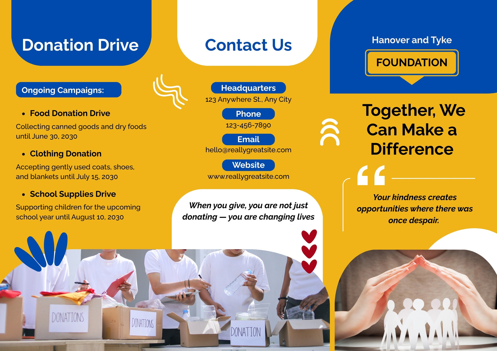 Yellow And Blue Modern Corporate Bold Support and Awareness Charity Donation Brochure