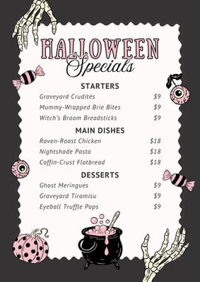 Retro Playful Scary Spooky Dinner Halloween Specials Menu Canva template, pink and black