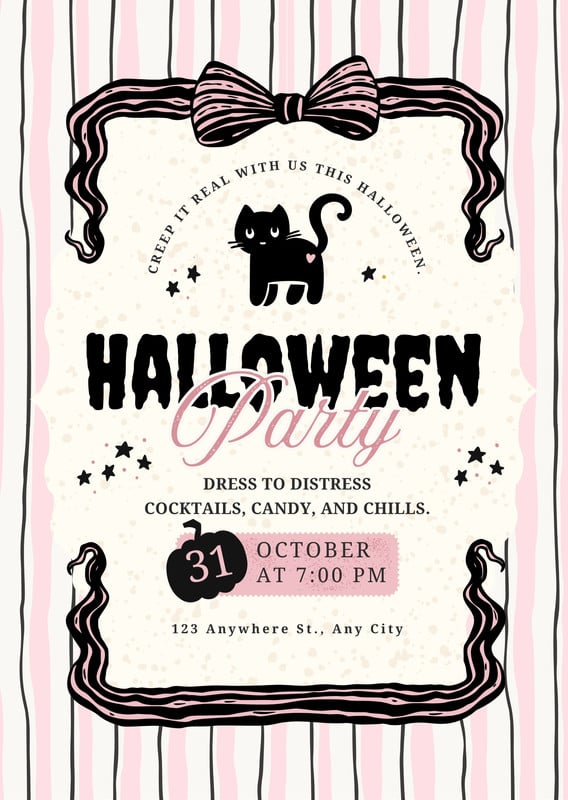 Retro Vintage Illustrated Spooky Halloween Party Invitation Canva template, black and pink
