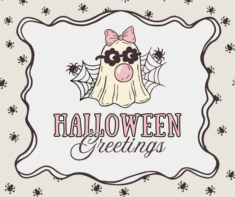 Playful Retro Halloween Ghost Spider Greetings Facebook Post Canva template, pink and black