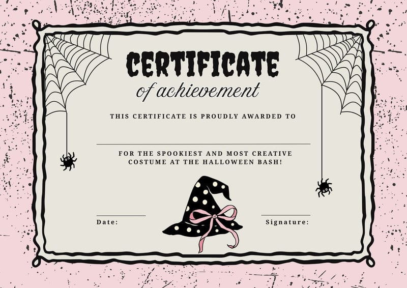 Retro Whimsical Illustrated Halloween Best Costume Certificate Canva template, black and pink