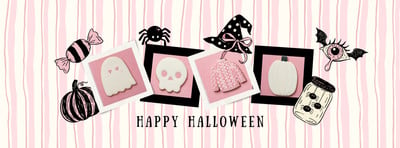 Illustrated Whimsical Photo Collage Greeting Halloween Facebook Cover Canva template, pink and black