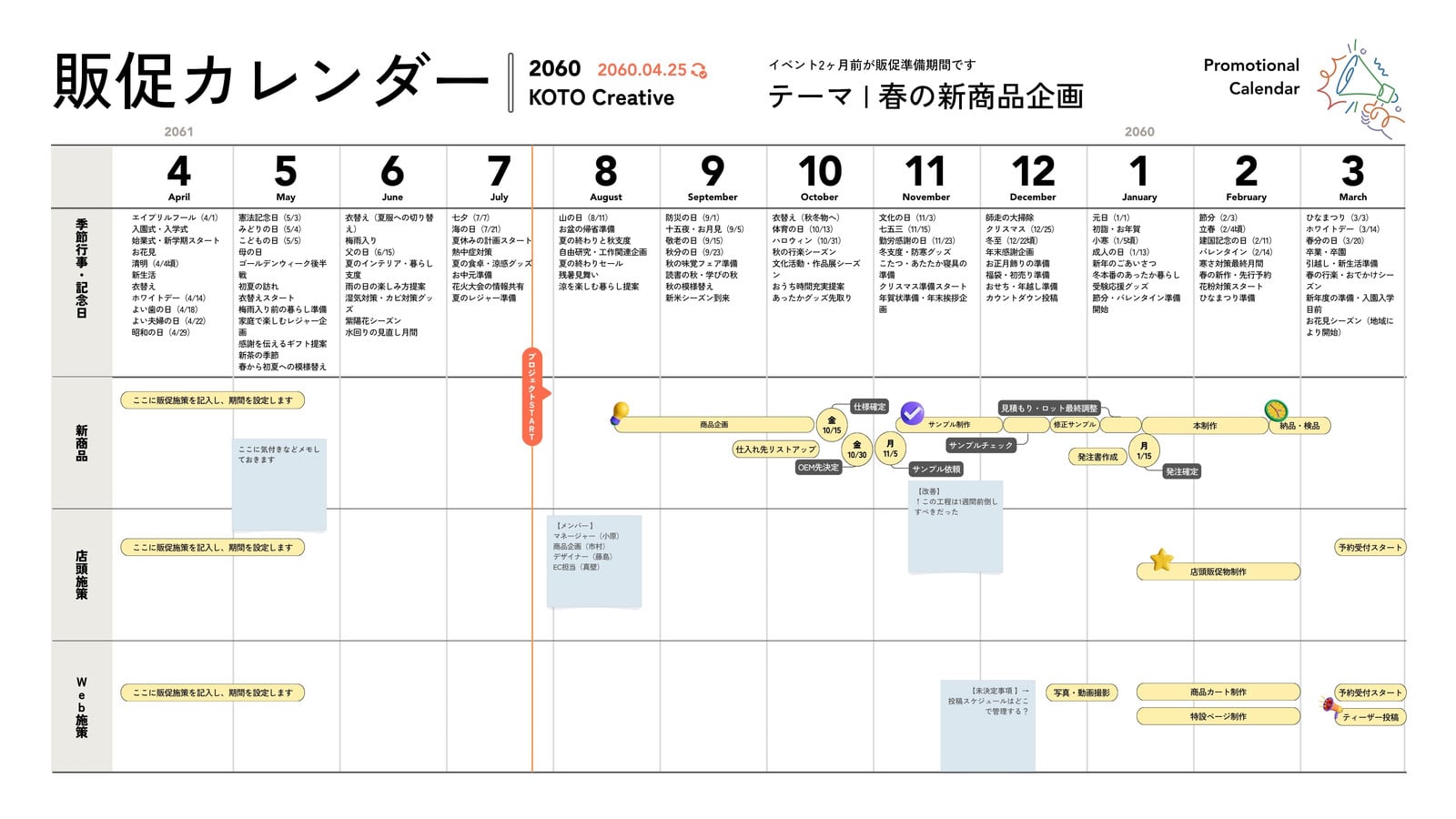 ホワイト シンプル ガントチャート 商品開発 販促カレンダー ホワイトボード