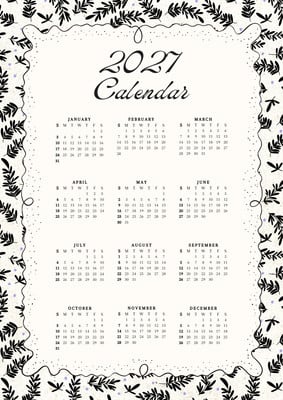 Illustrated 2027 New Year Calendar Poster Canva template, black and white
