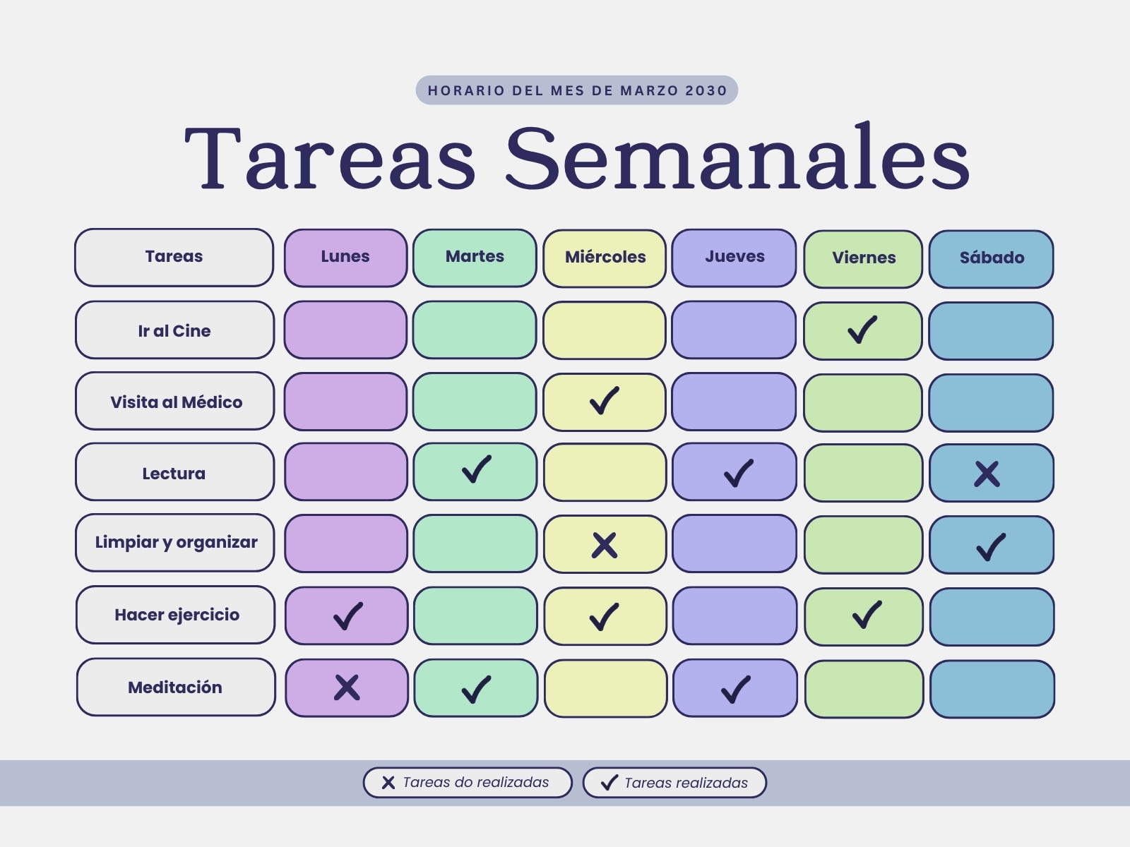 Tabla Cuadro de Tareas Semanales Sencillo Colorido Gris