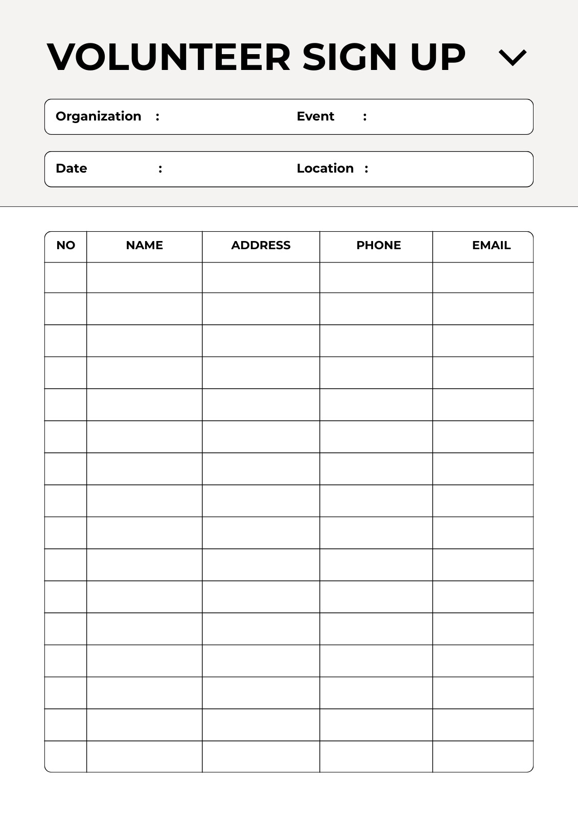 Black and White Simple Volunteer Sign Up Document