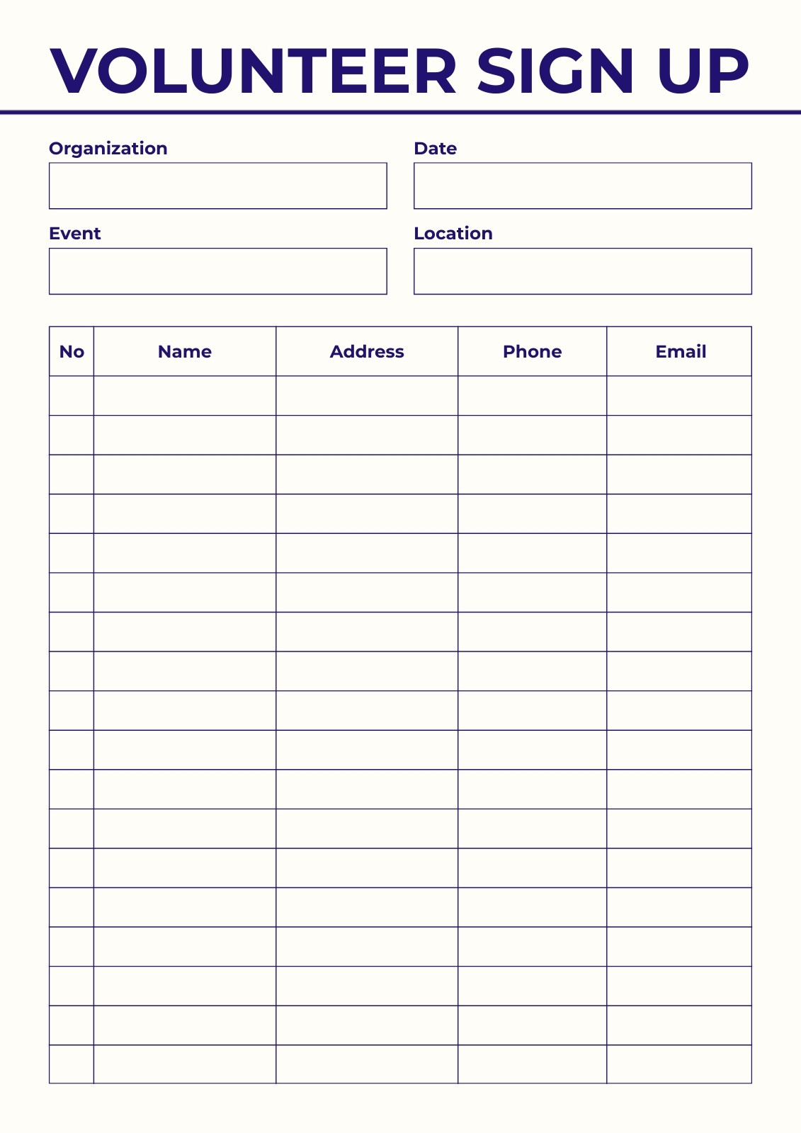 Blue and White Simple Volunteer Sign Up Document