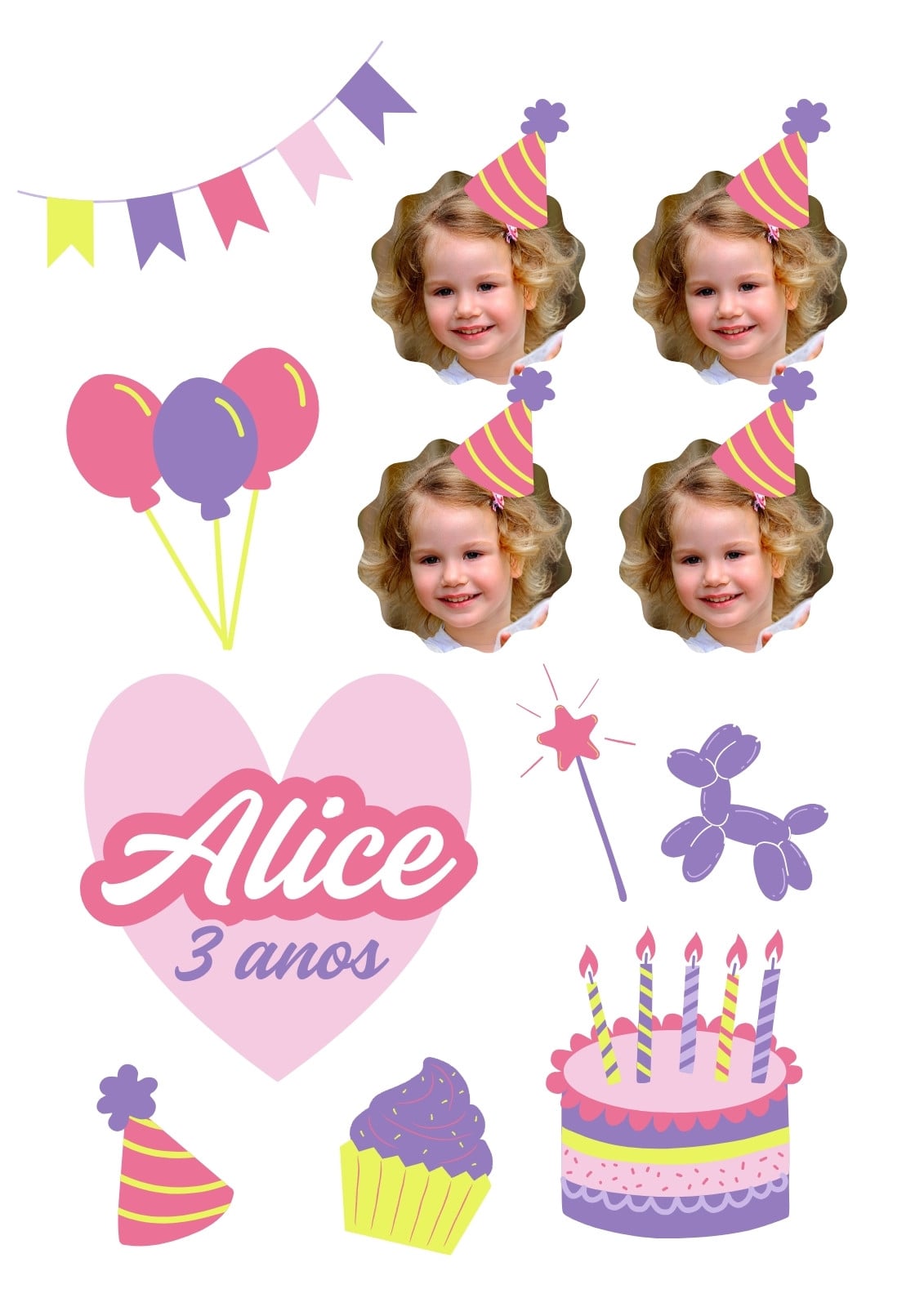 documento a4 topo bolo decoração festa de aniversário infantil menina colorido rosa lilás e verde