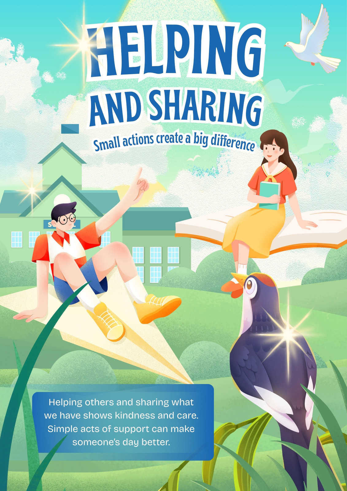 Blue and Green Illustrated Helping and Sharing Poster