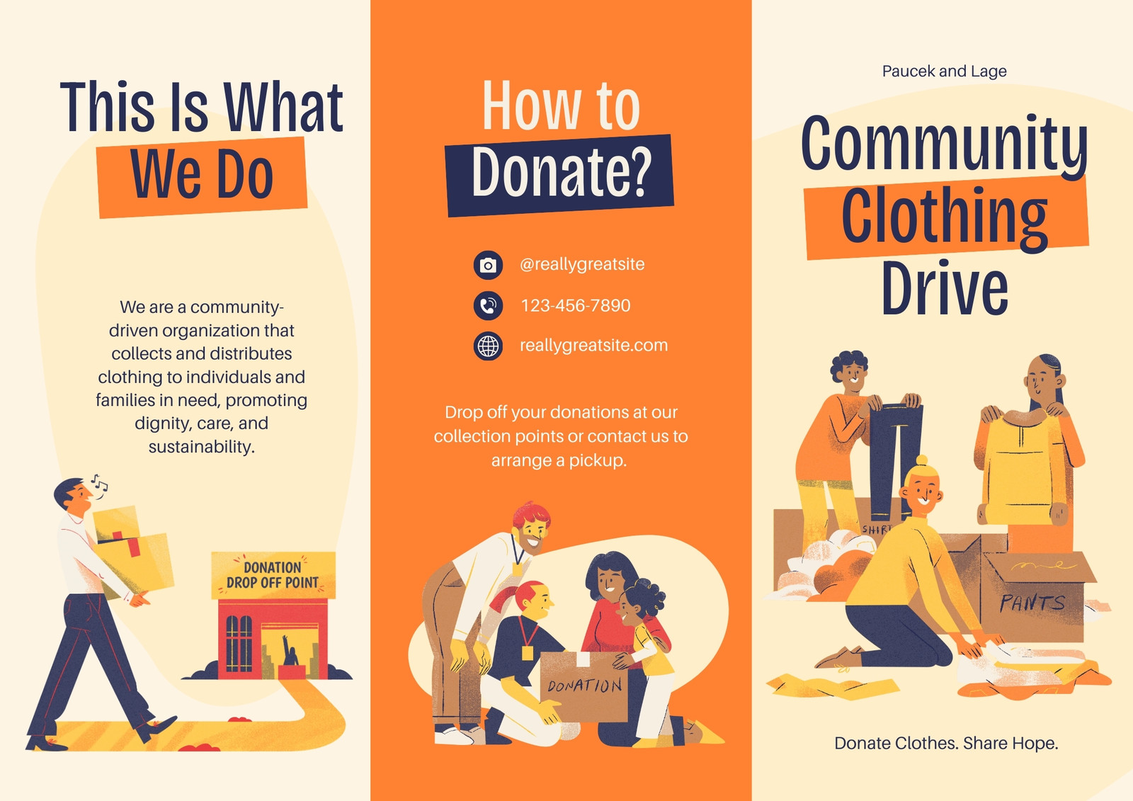 Orange Blue Illustrative Community Clothing Drive Brochure