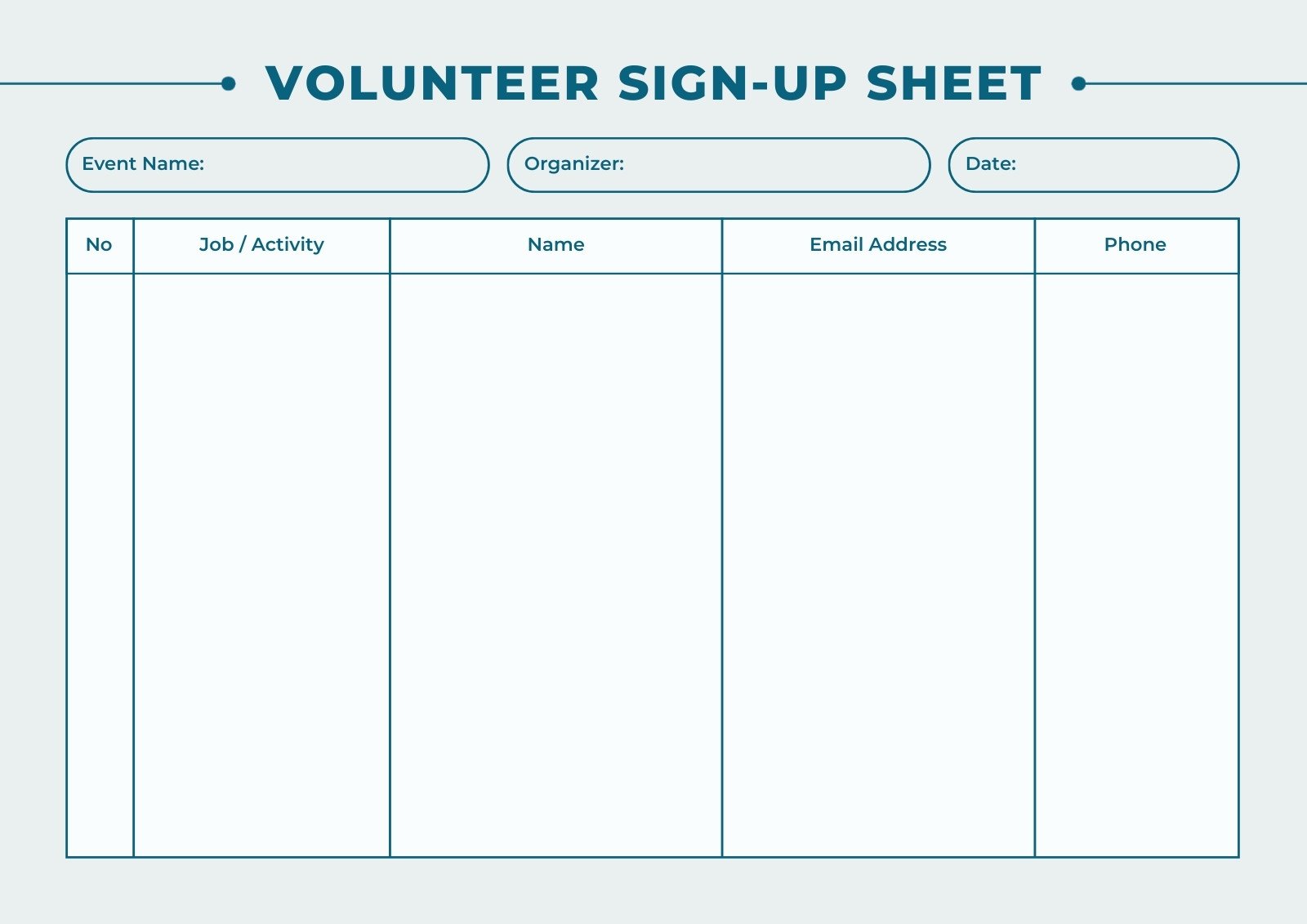 Teal Simple Volunteer Sign-Up Sheet Event Document