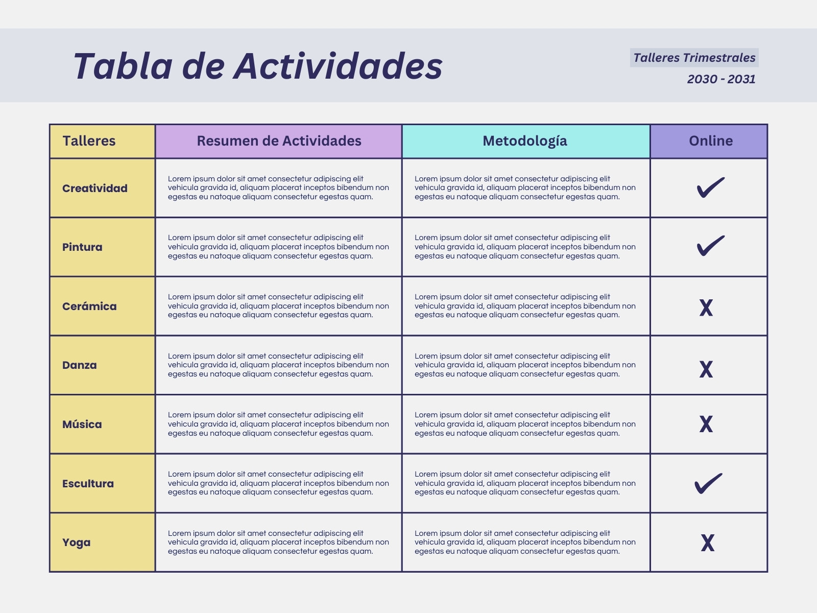 Tabla Cuadro de Actividades Sencillo Colorido Amarillo