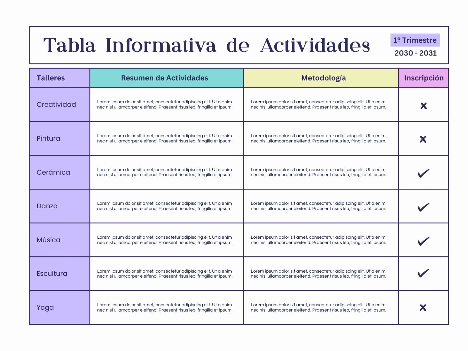 Tabla Cuadro Informativo Simple Colorido Blanco