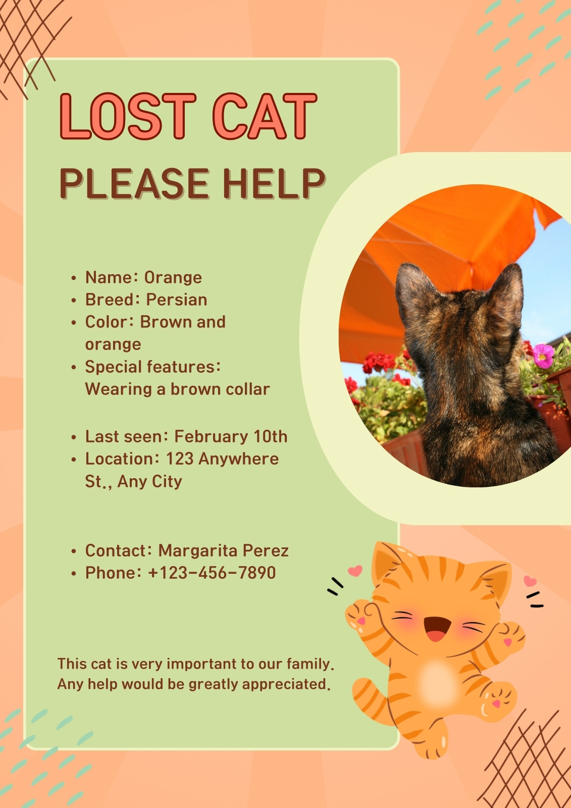 Orange Green Doodle Illustrated Lost Cat Flyer