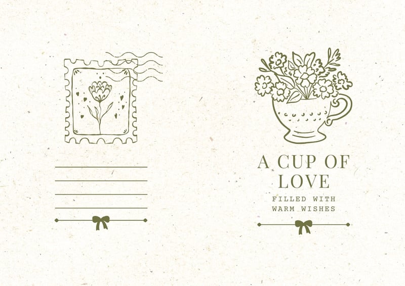 Whimsical Illustrated Floral Love Greeting Folded Card Canva template, green and white