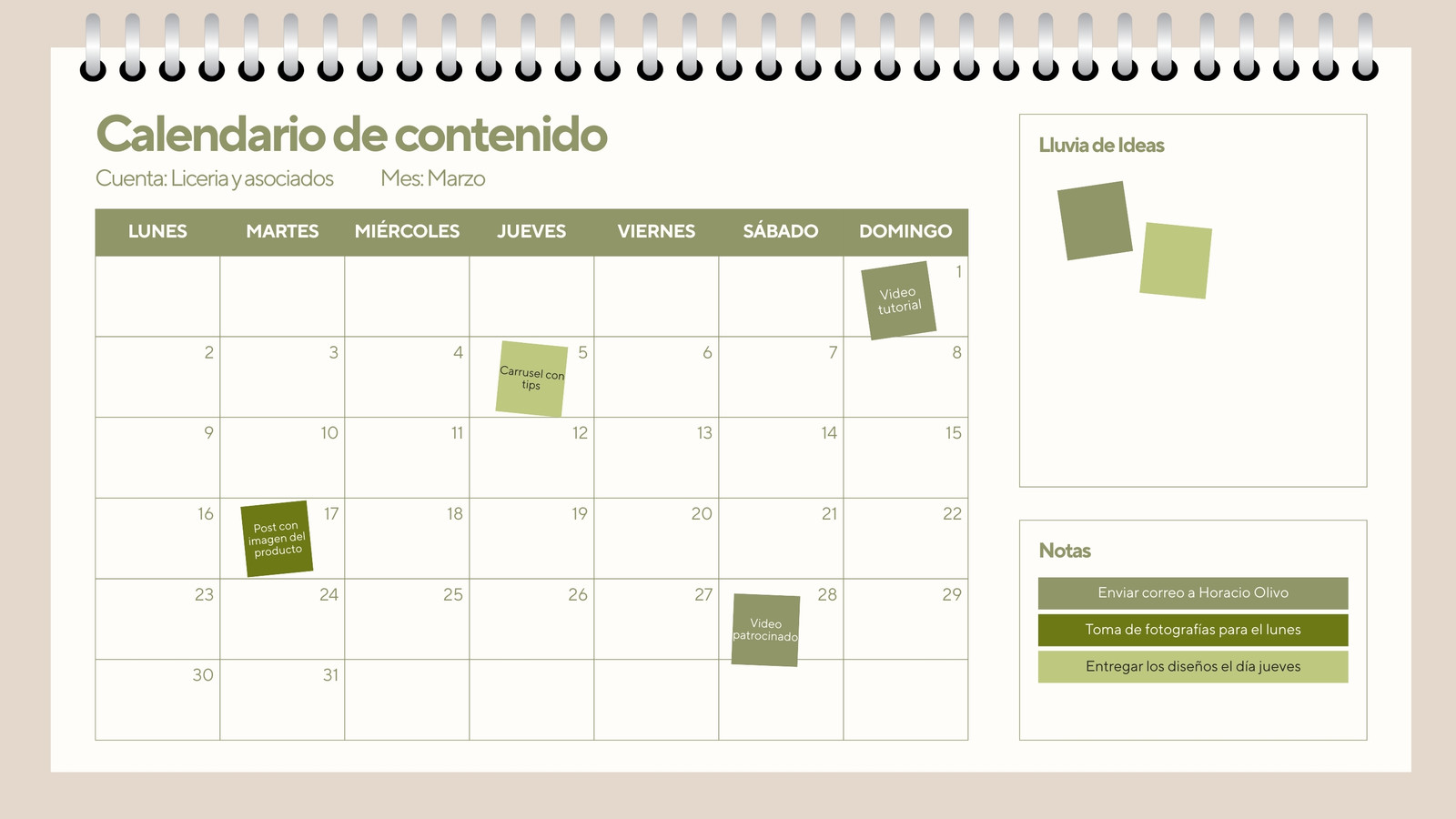 Pizarrón Calendario de Contenido minimalista beige verde