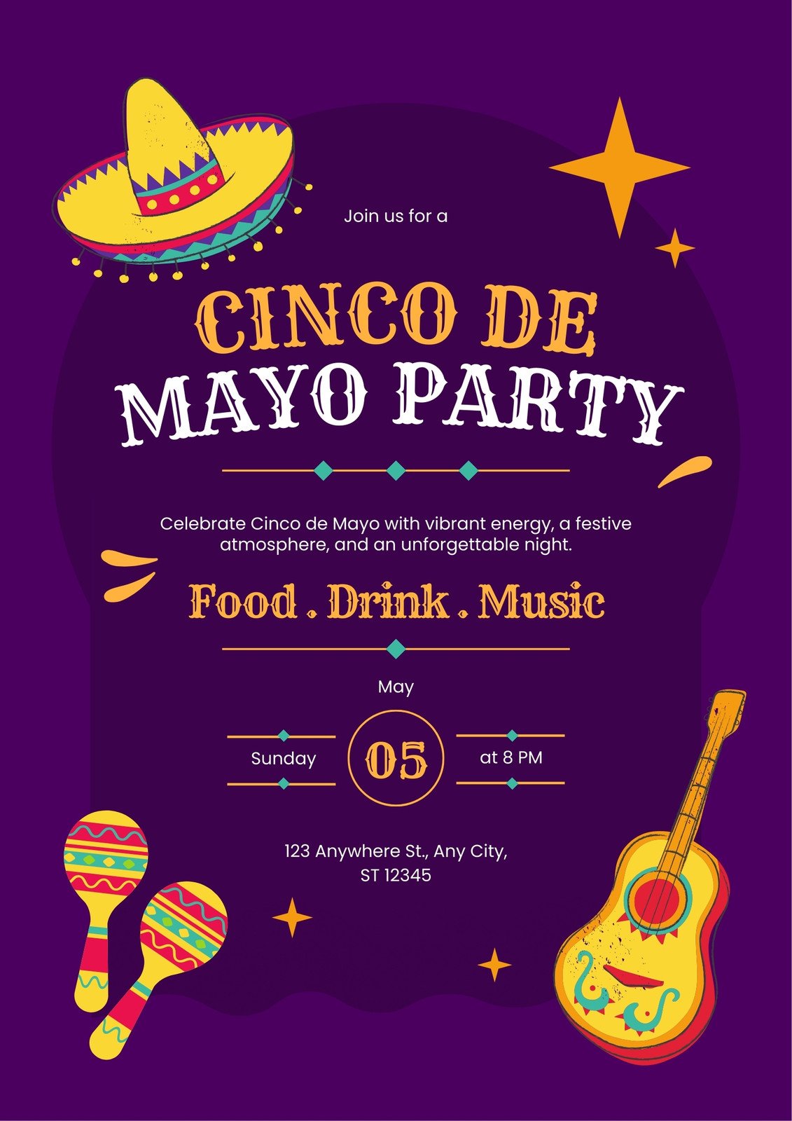 Purple and Yellow Festive Cinco de Mayo Party Poster