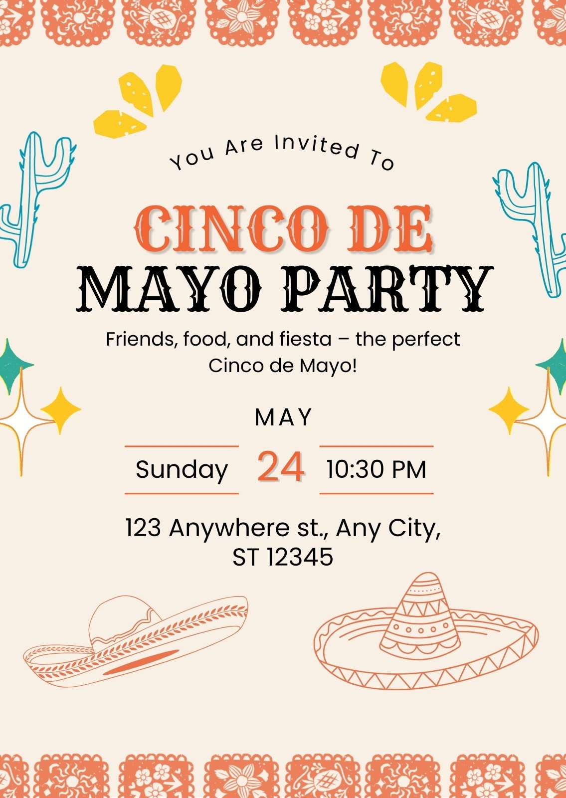Orange Black Illustrative Cinco De Mayo party Invitation