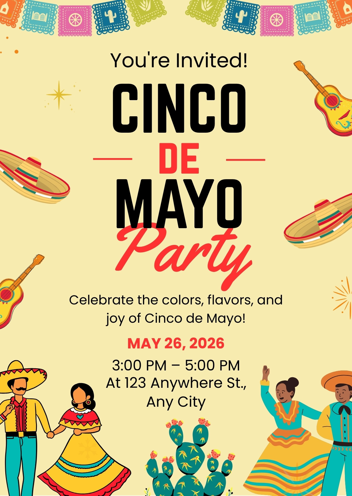Black Red Illustrative Cinco De Mayo party Invitation