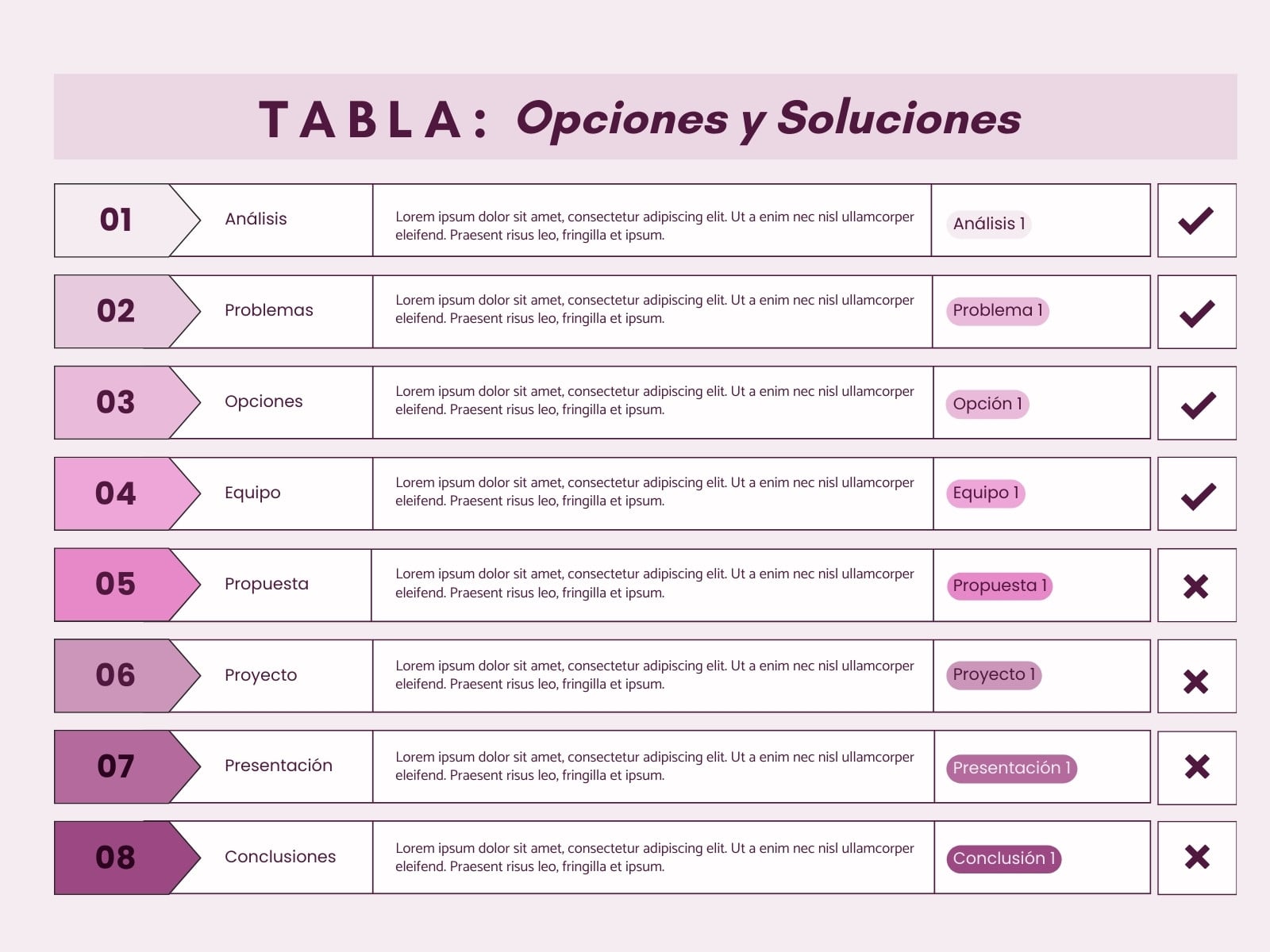 Tabla Opciones y Soluciones Simple Rosa y Blanco