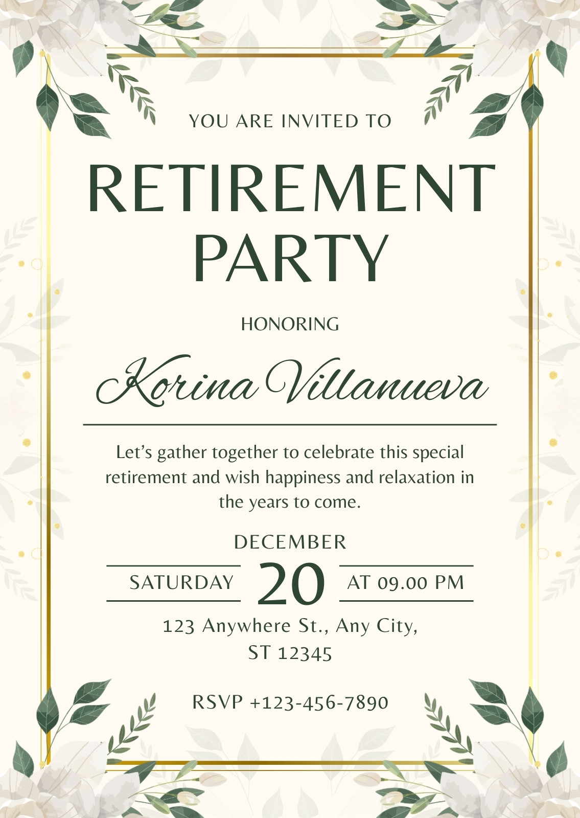 Green and Gold Elegant Retirement Party Invitation