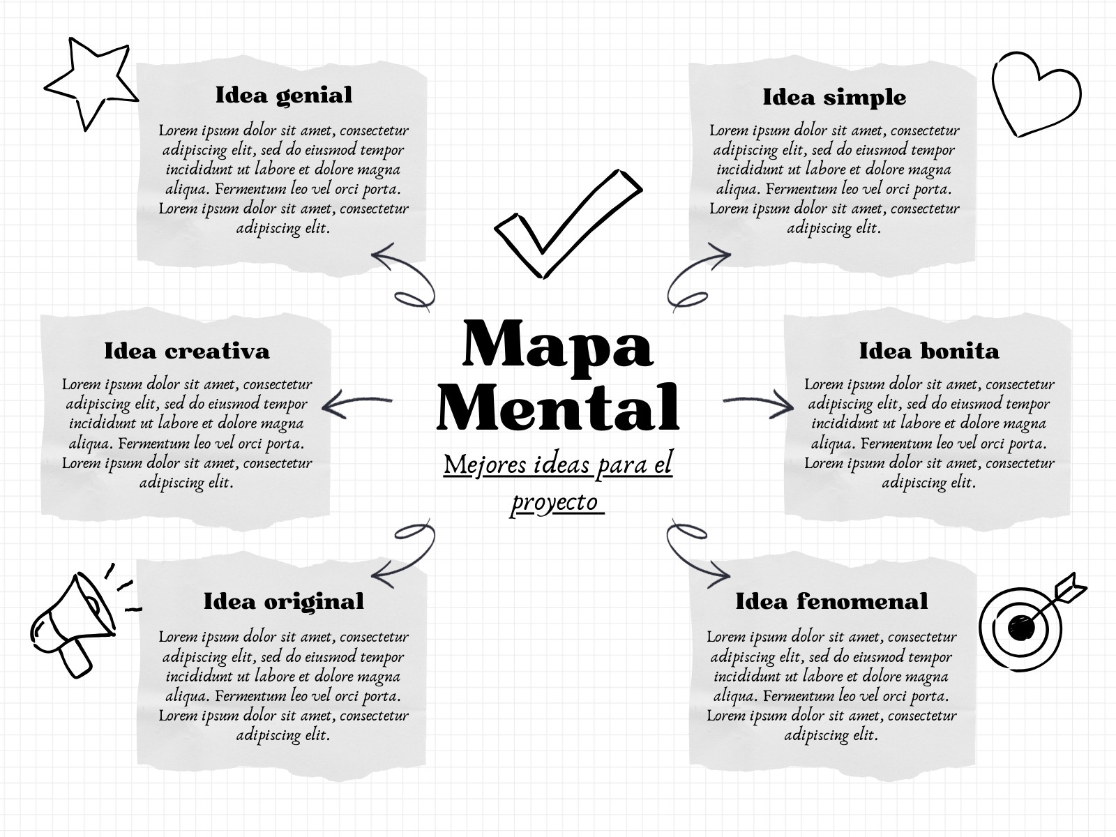 Gráfico de Mapa Mental Seis Ideas Notas Simple Blanco y Negro