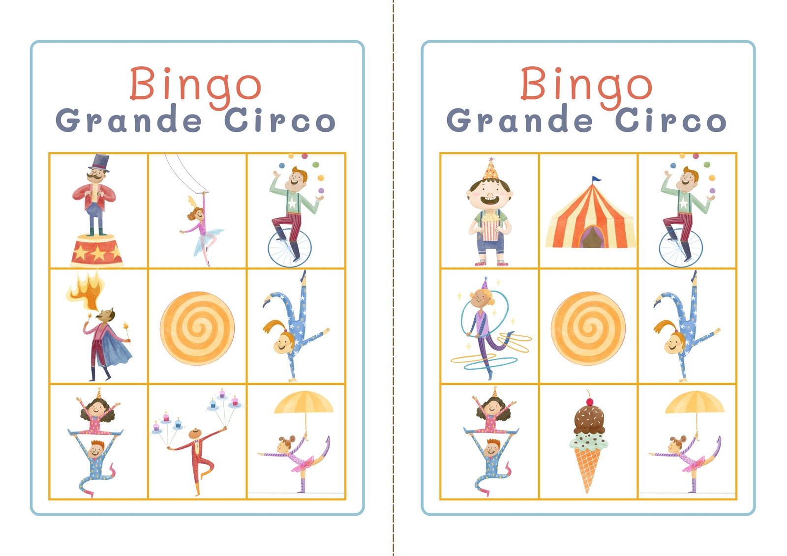 Jogo de bingo - Circo - Grande, colorido e ilustrado - Folha de atividades A4