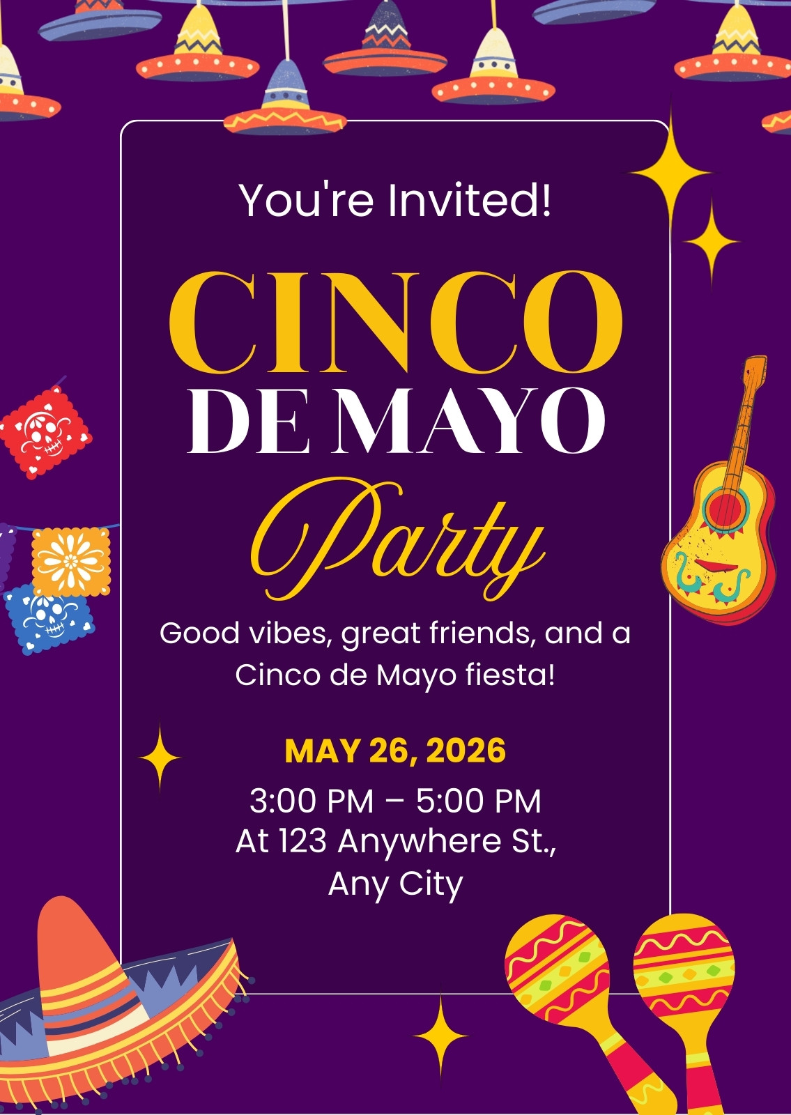 Yellow Purple Illustrative Cinco De Mayo party Invitation