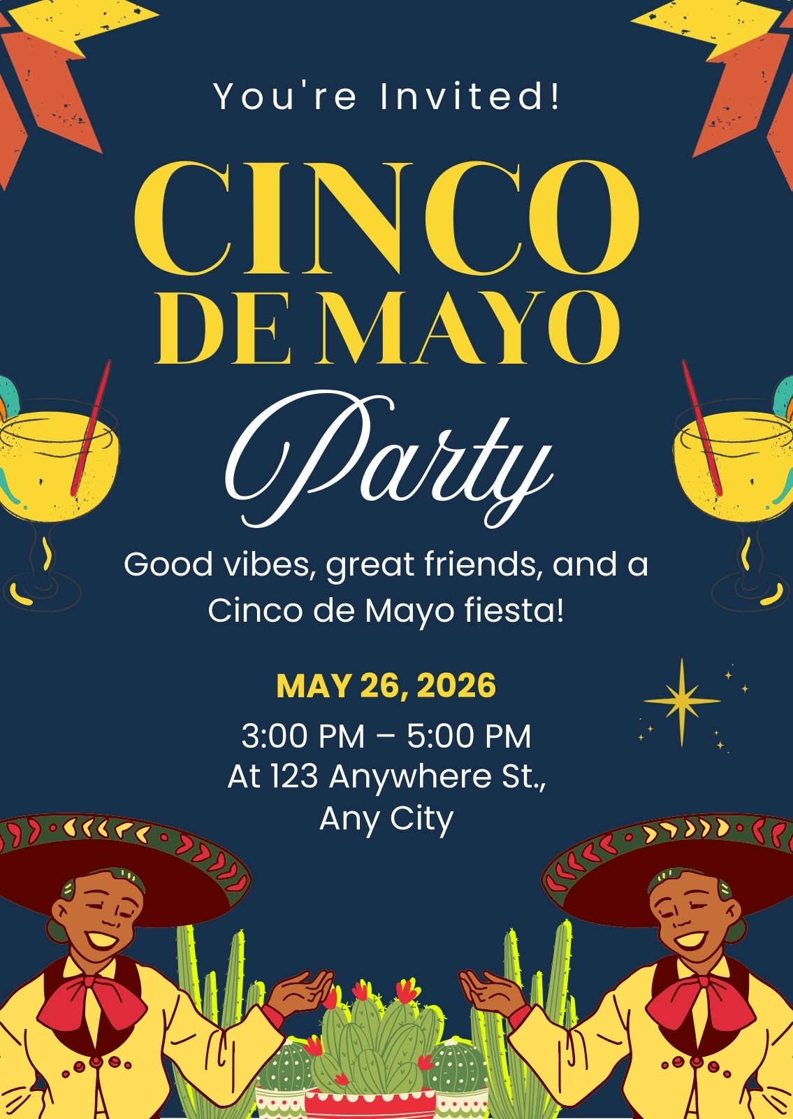 Blue Yellow Illustrative Cinco De Mayo party Invitation