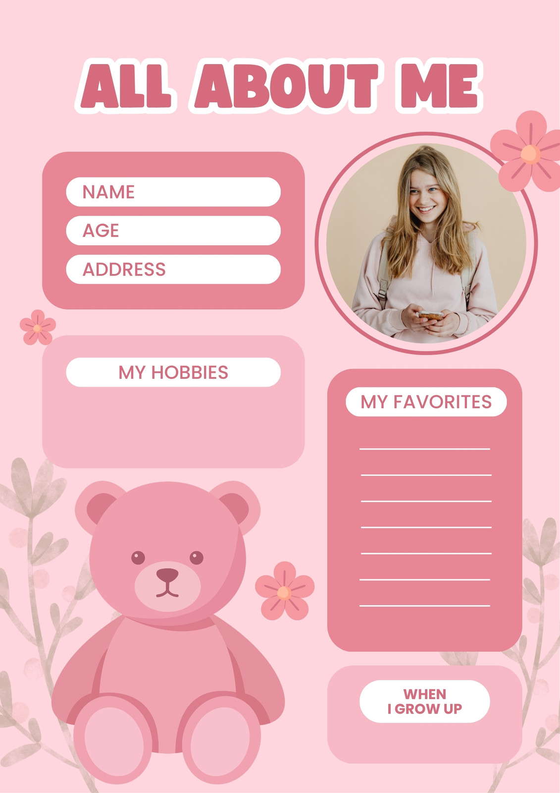 Pink and White Illustration All About Me Poster