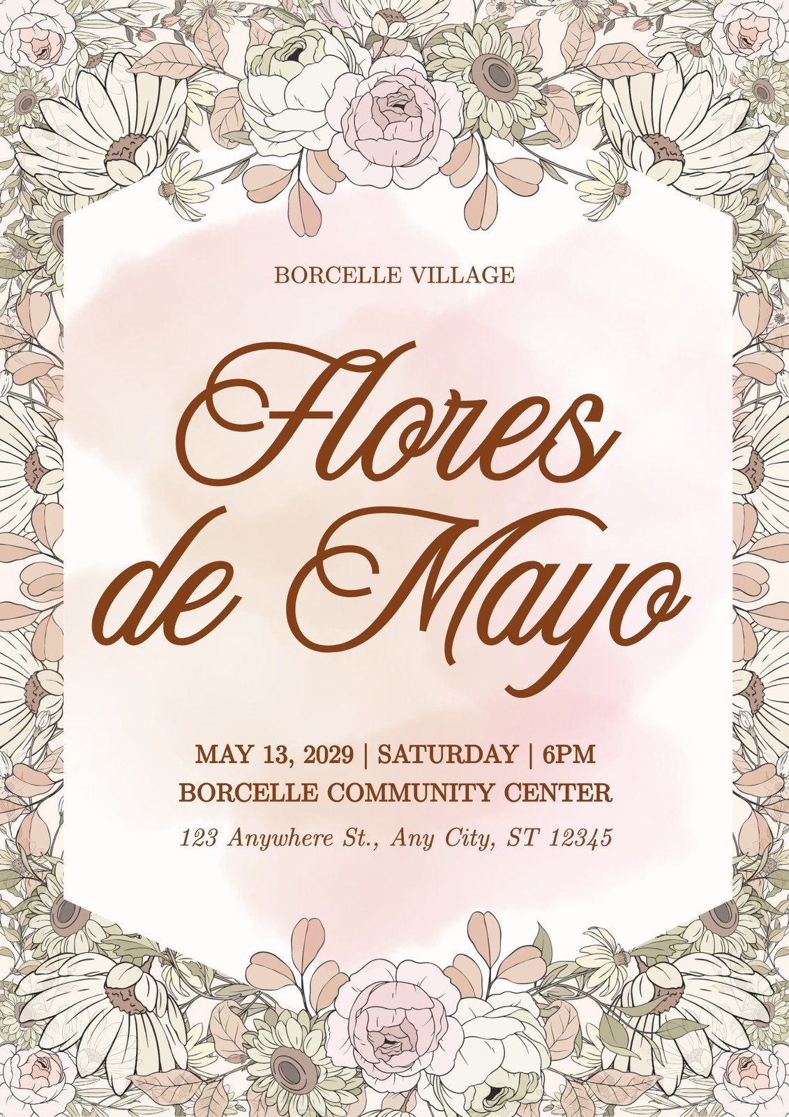 Pink and Brown Vintage Flores de Mayo Festival Poster